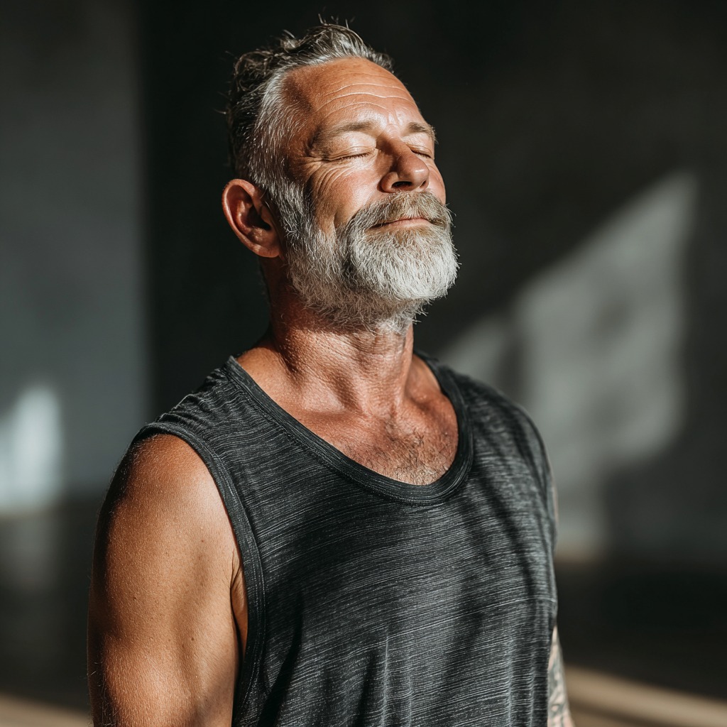 A peaceful man in his early 50s practicing mindful stretching in a bright, minimalist yoga studio with natural lighting, showing focus and concentration during his wellness routine