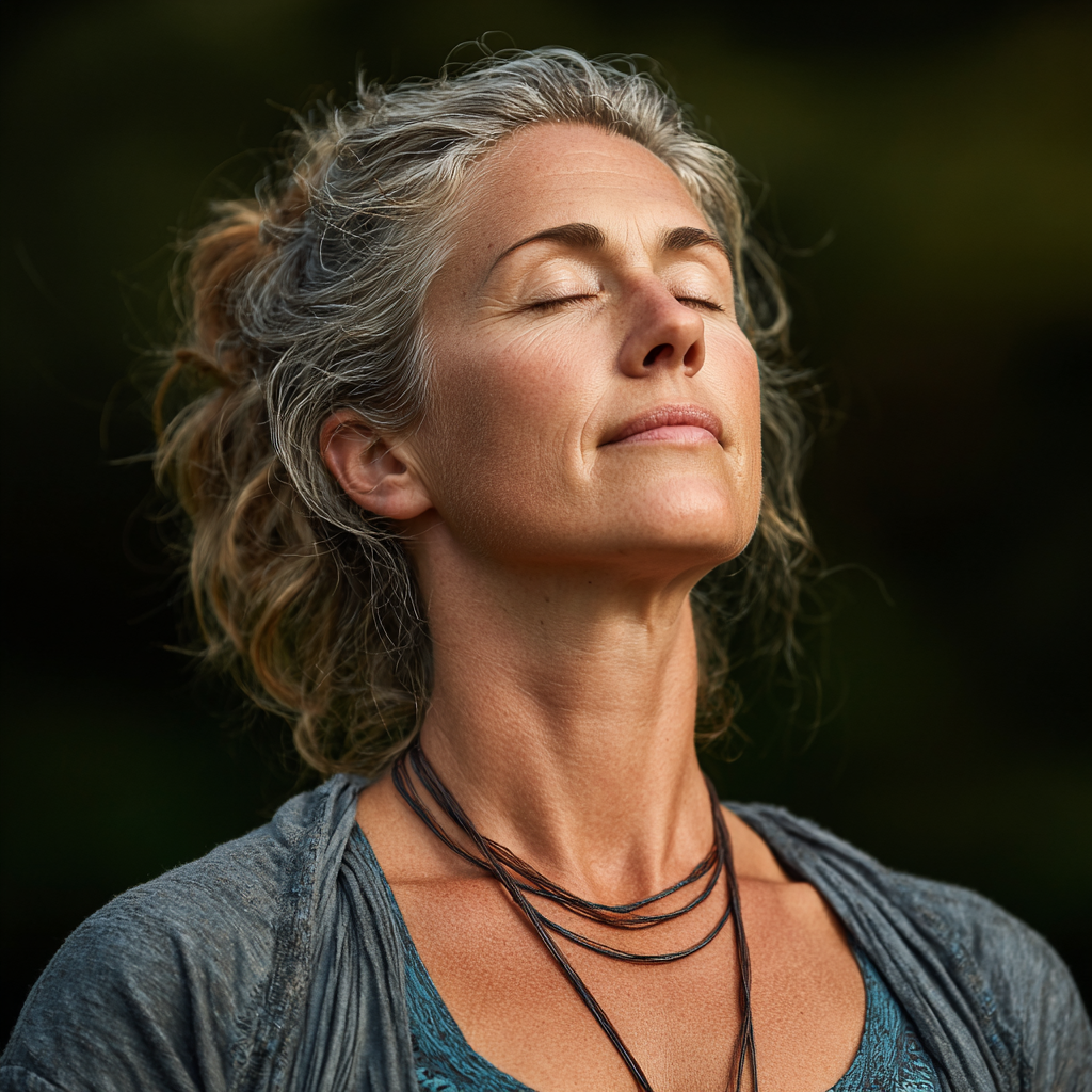 A serene woman in her late 40s practicing yoga in a peaceful outdoor setting, demonstrating proper meditation posture with closed eyes and a calm expression, wearing comfortable yoga attire